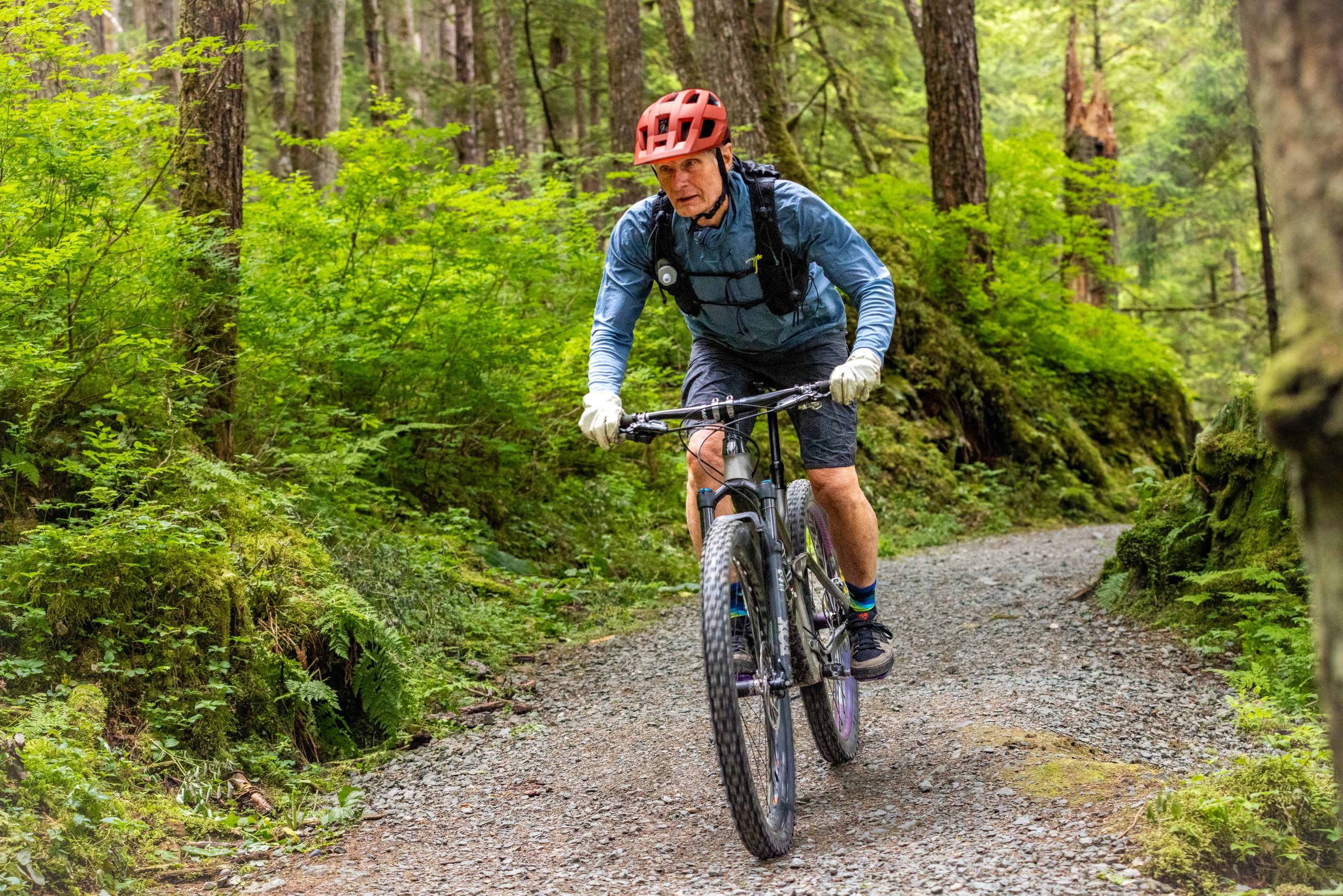 Mountain biking on a wooded trail